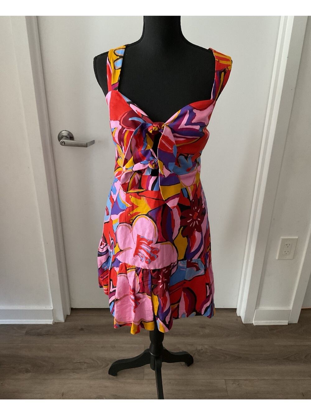Rebecca Vallance Mini Dress 12 Abstract Multicolor Sweetheart Sleeveless Ruffle